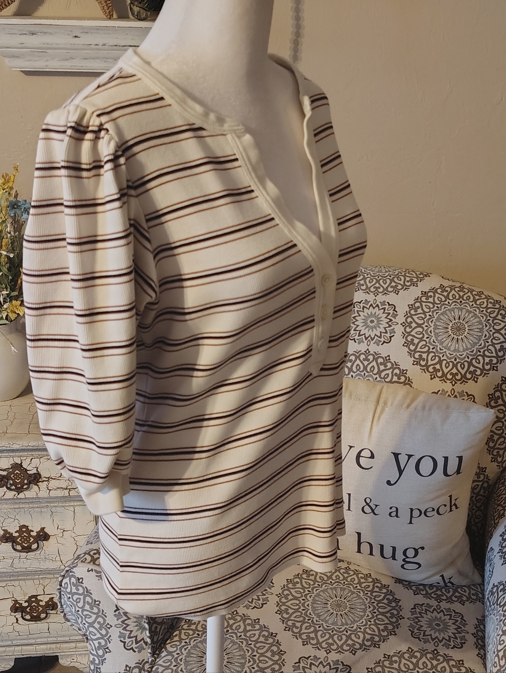 Veronica Beard Cream Top with Brown and Black Stripes - Picture 5 of 9